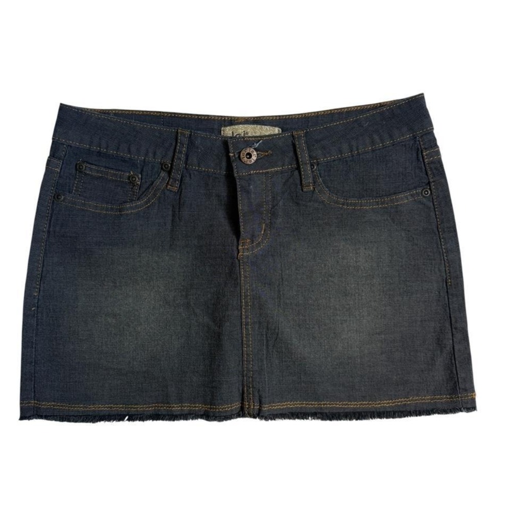 LEI Darl‎ Wash Black Denim Mini Skirt Size 5 Frayed Hem Y2K